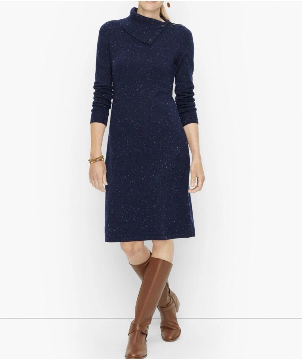 Talbots Knit Split Neck Long Sleeve Midi A Line Sweater Dress Blue Womens Size S